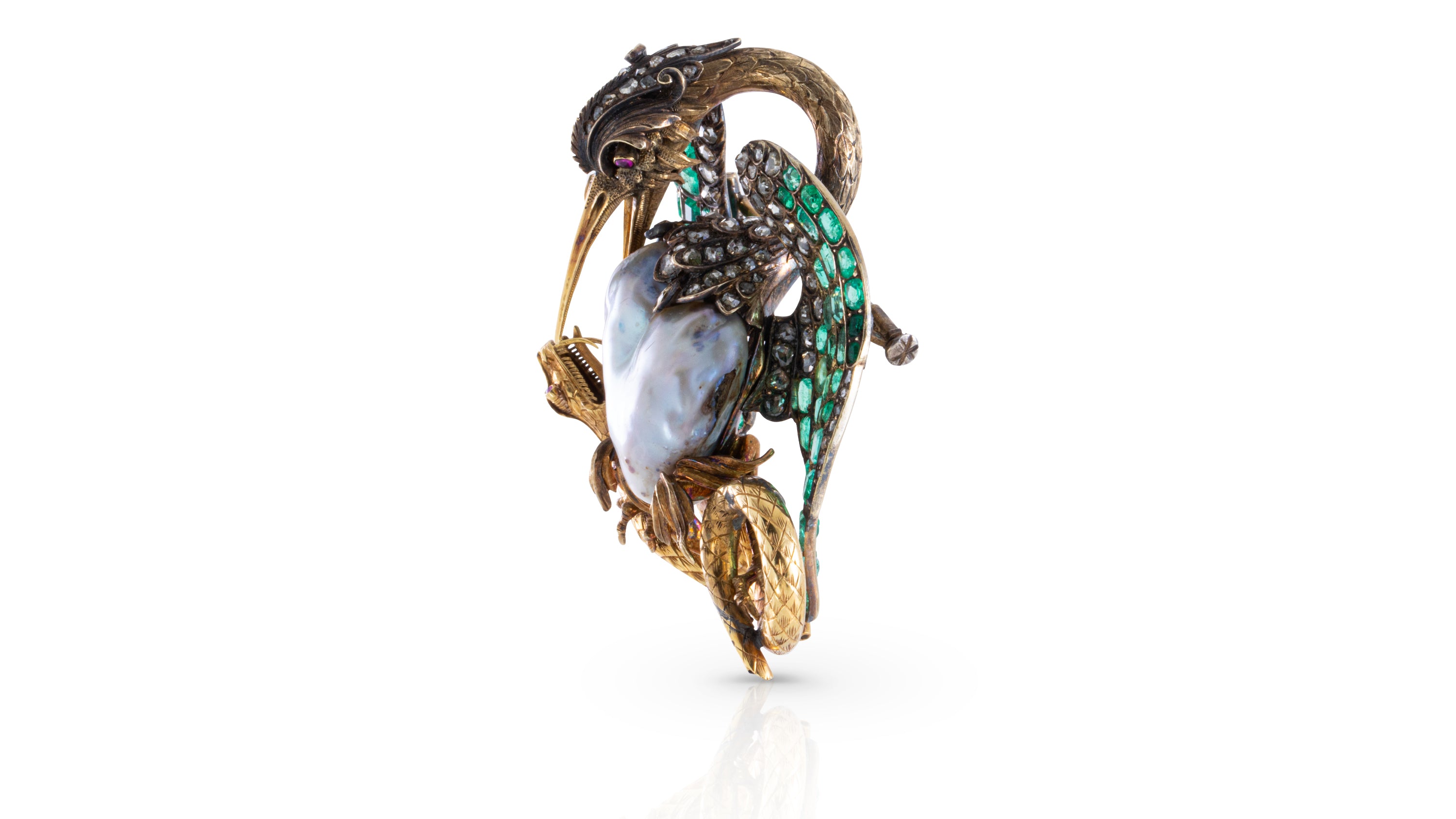 Bird & Snake Brooch with a Natural Pearl and Emeralds