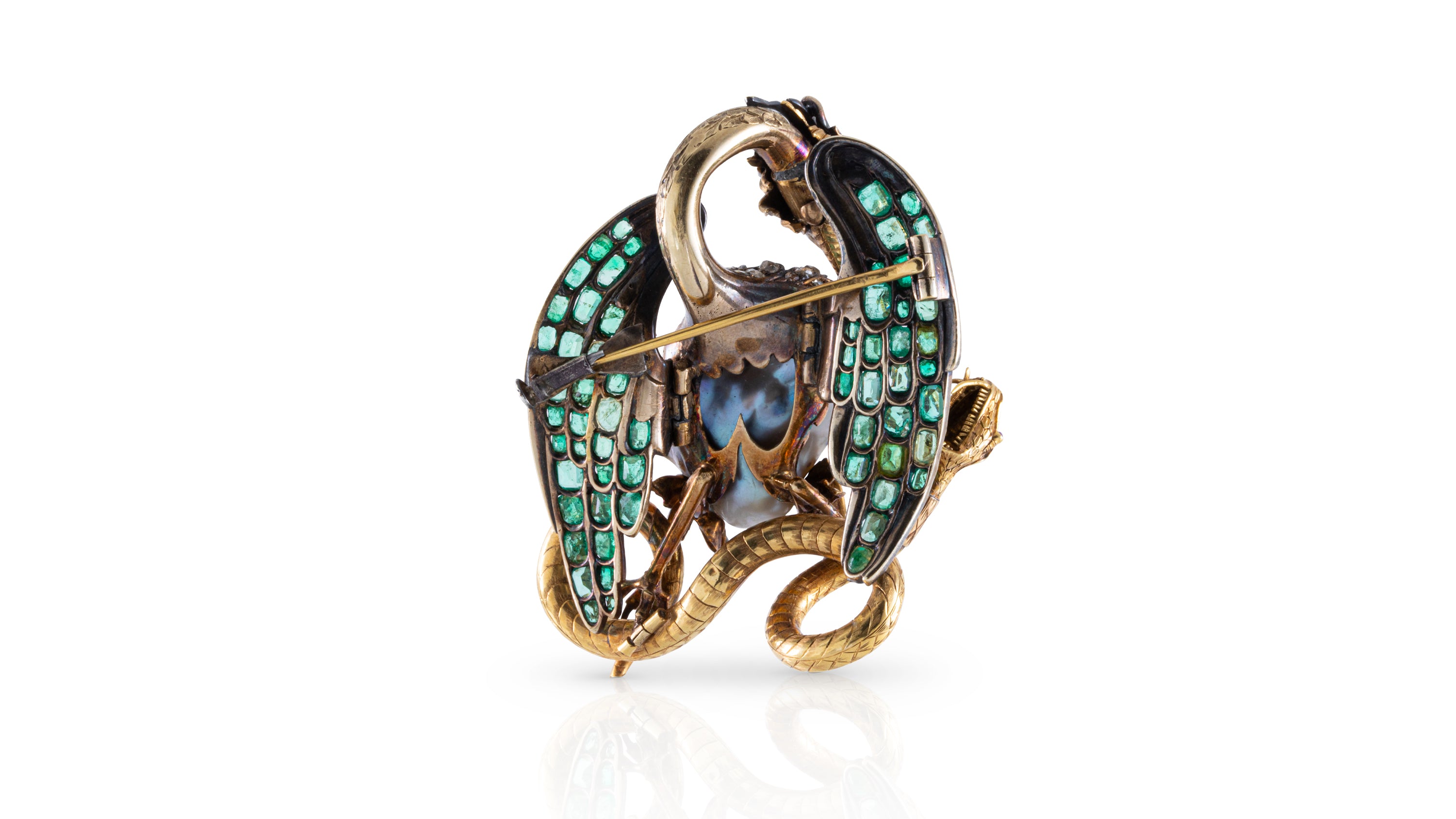 Bird & Snake Brooch with a Natural Pearl and Emeralds