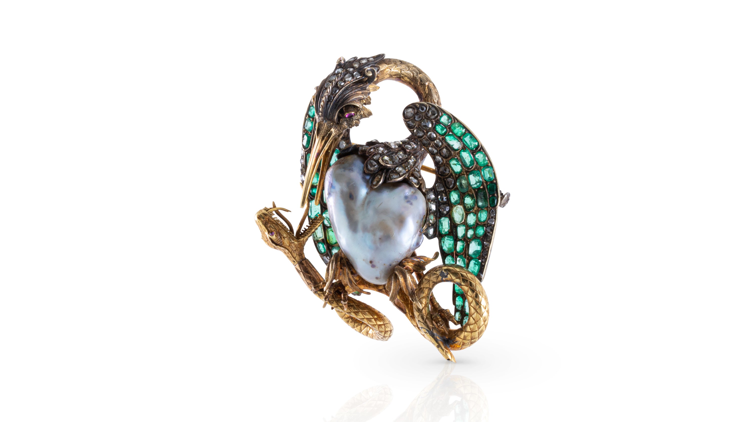 Bird & Snake Brooch with a Natural Pearl and Emeralds