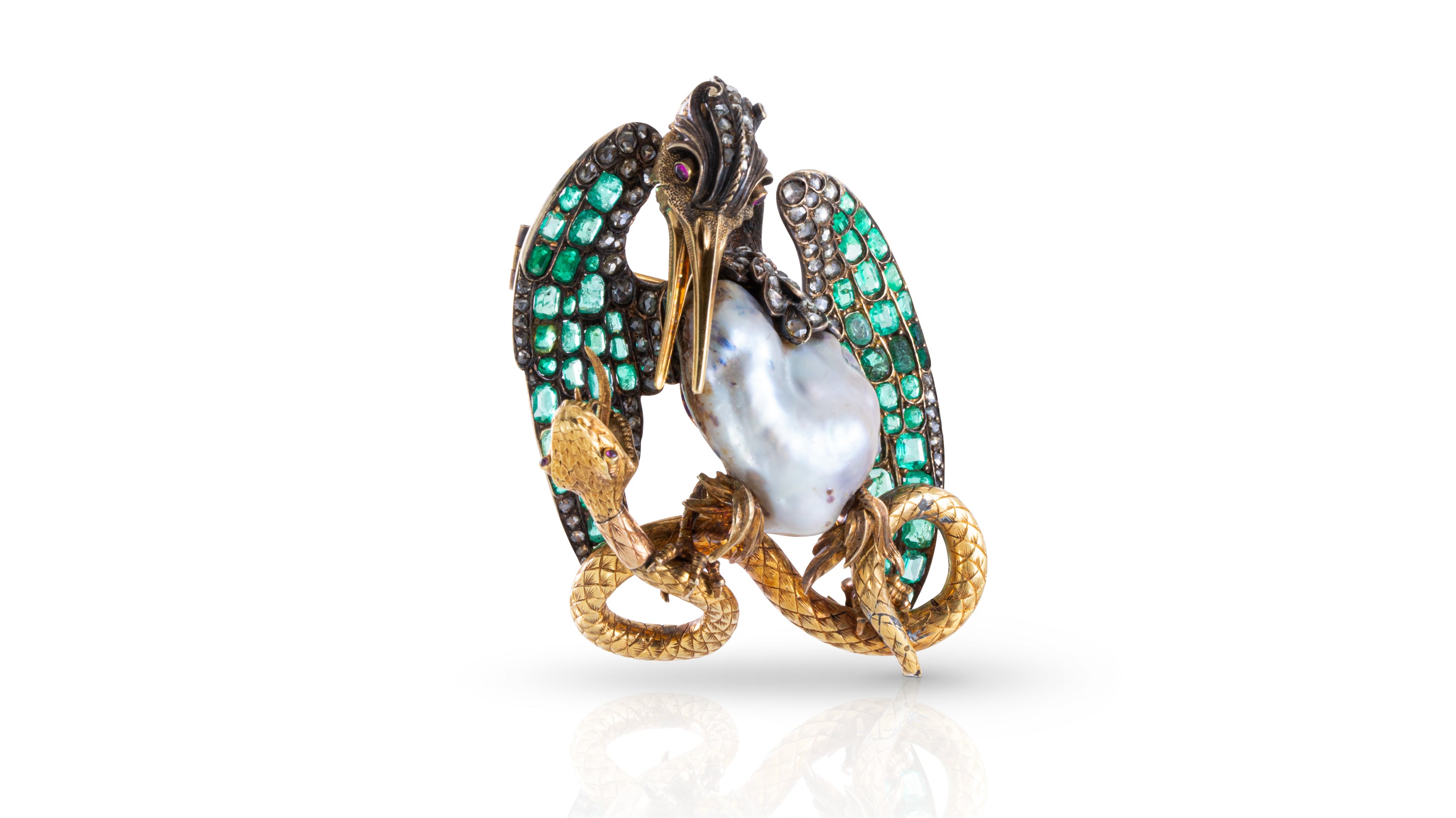 Bird & Snake Brooch with a Natural Pearl and Emeralds