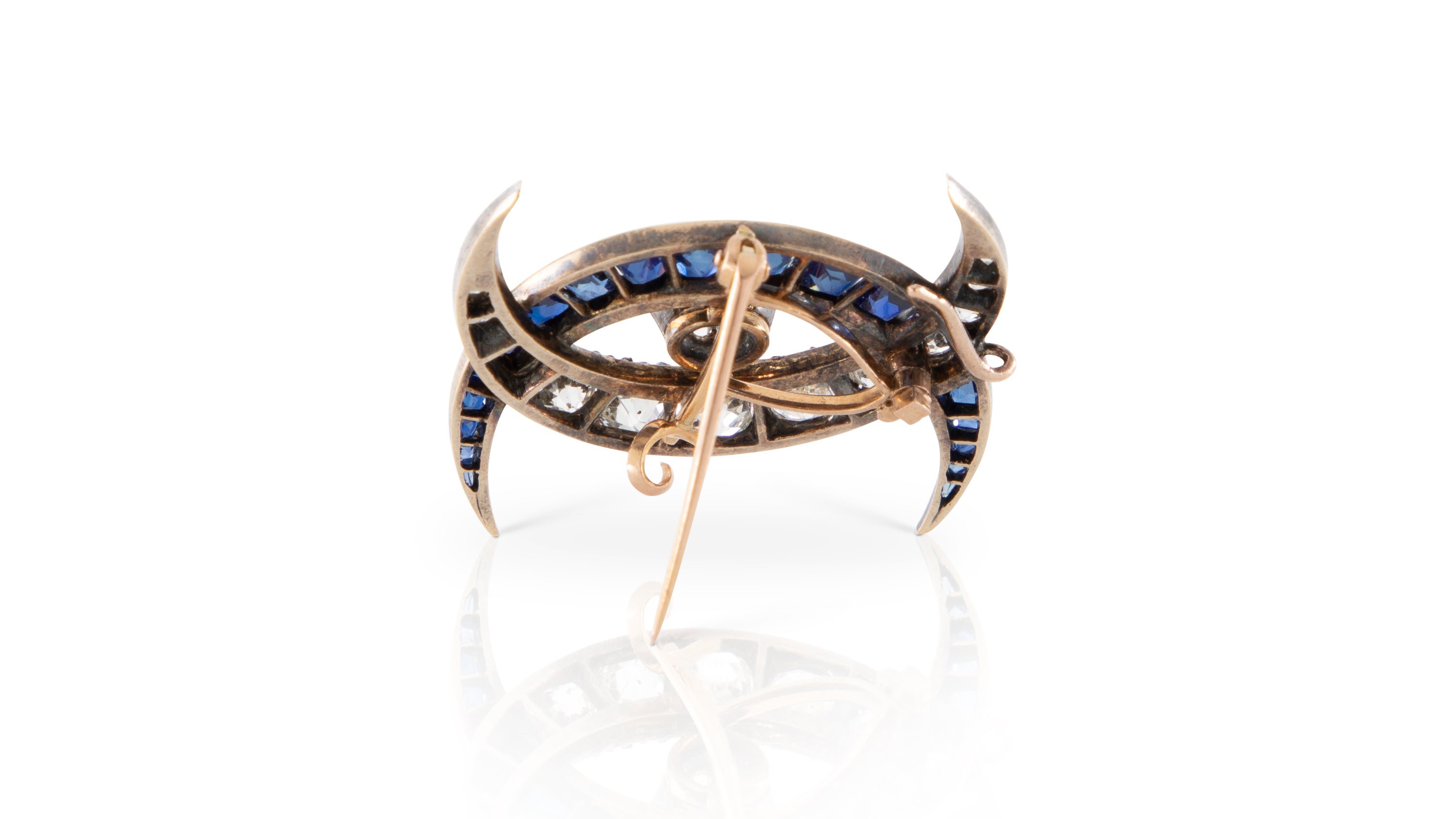 No Heat Sapphire & Diamond Interlocking Crescent Brooch