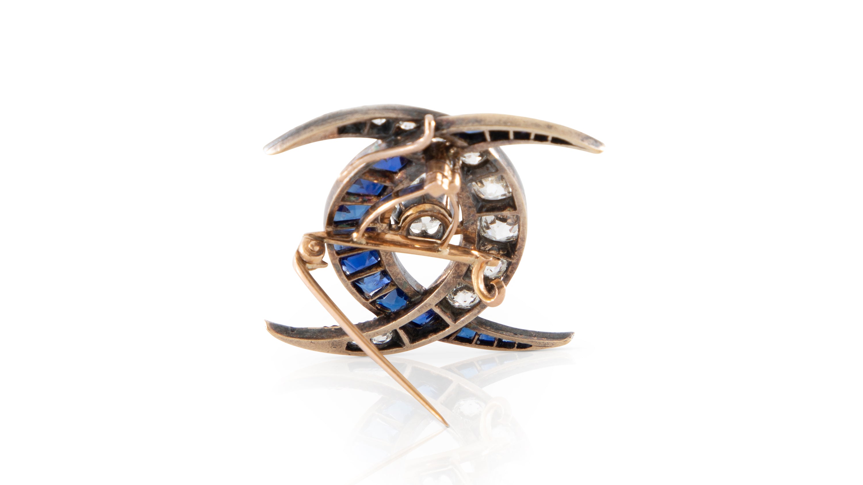 No Heat Sapphire & Diamond Interlocking Crescent Brooch