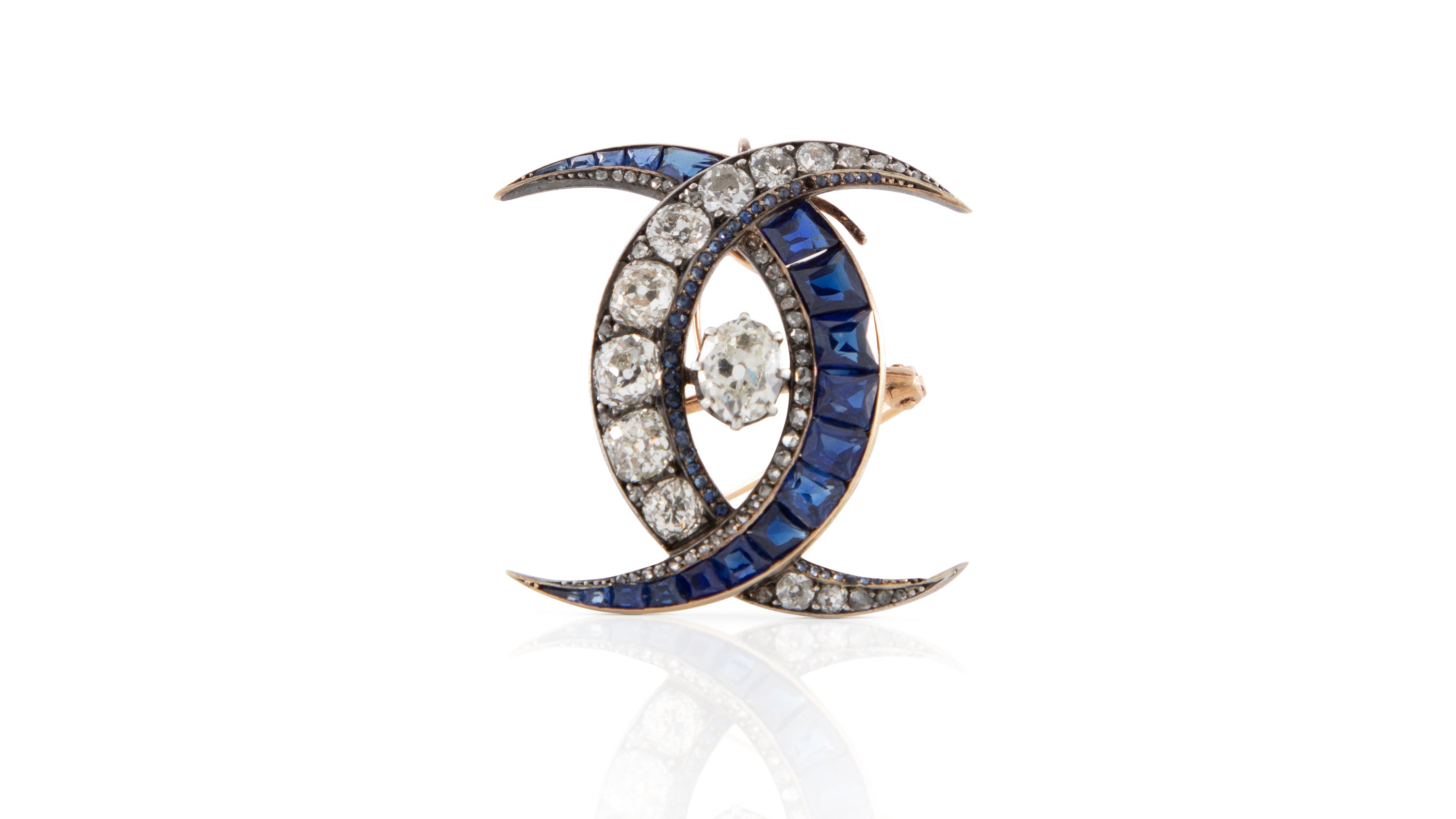 No Heat Sapphire & Diamond Interlocking Crescent Brooch