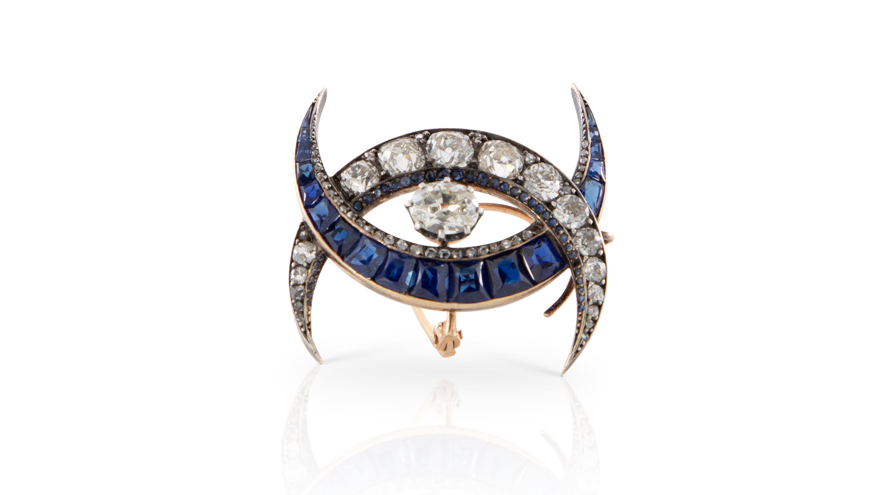 No Heat Sapphire & Diamond Interlocking Crescent Brooch