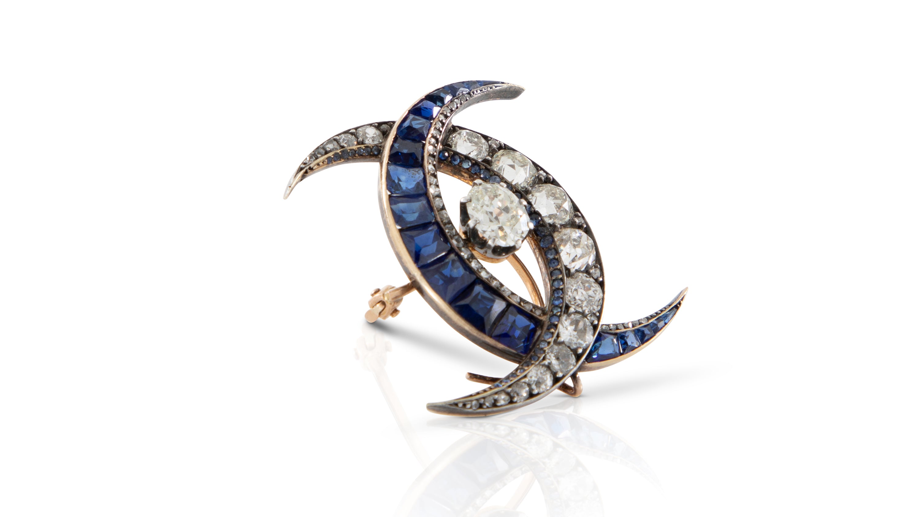 No Heat Sapphire & Diamond Interlocking Crescent Brooch