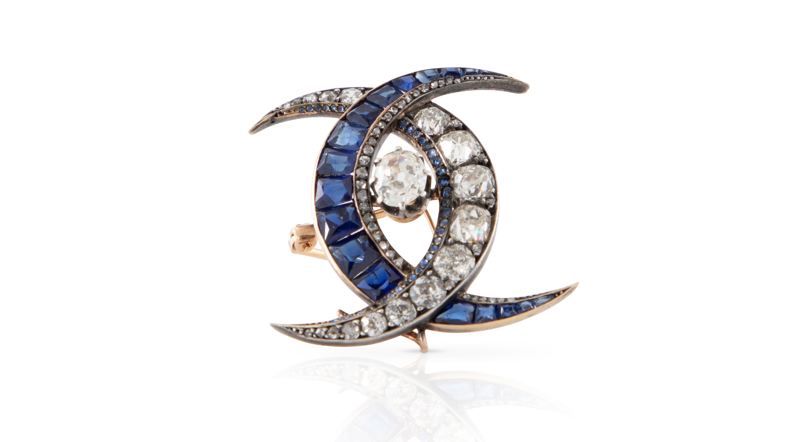 No Heat Sapphire & Diamond Interlocking Crescent Brooch