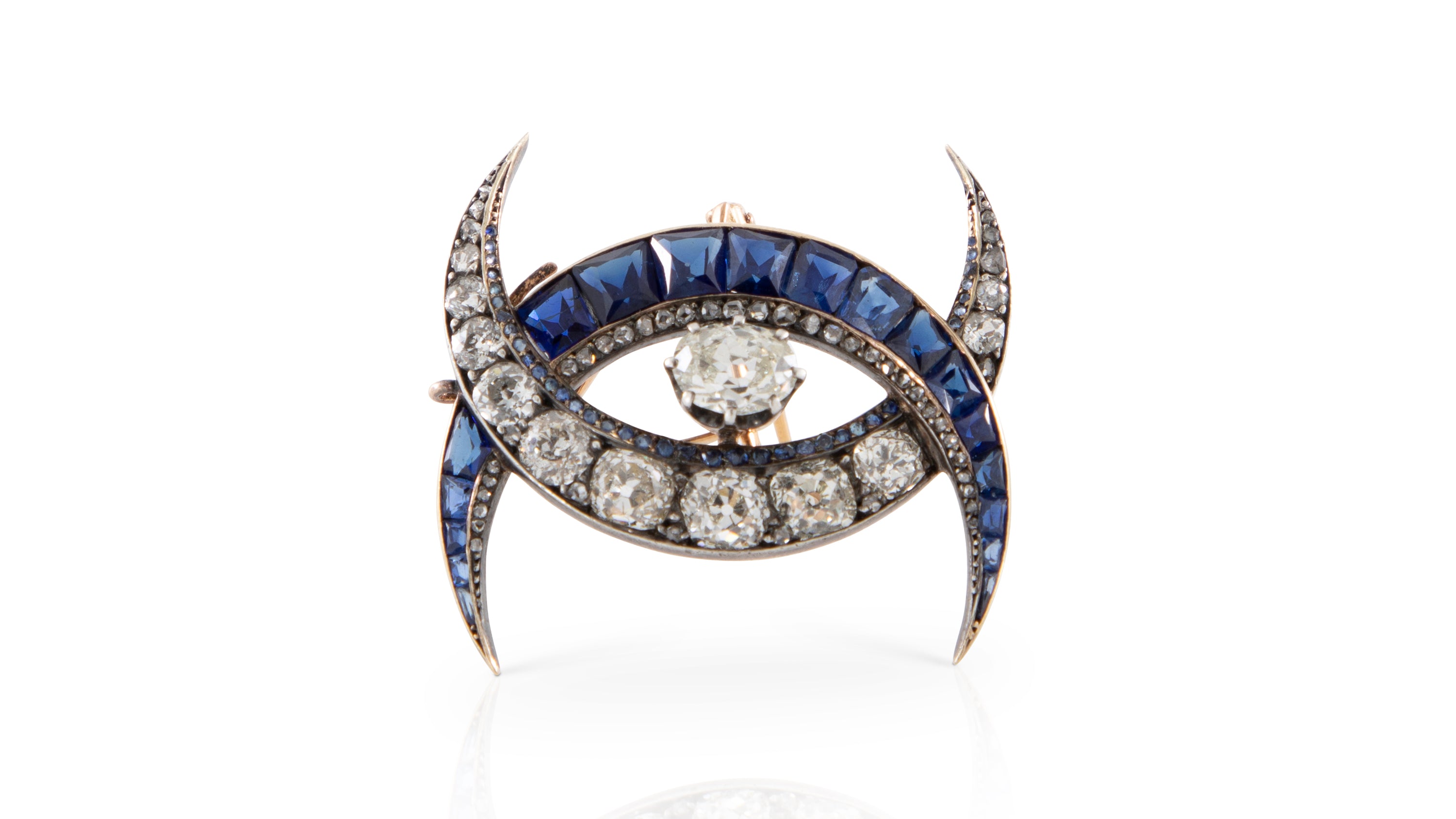 No Heat Sapphire & Diamond Interlocking Crescent Brooch