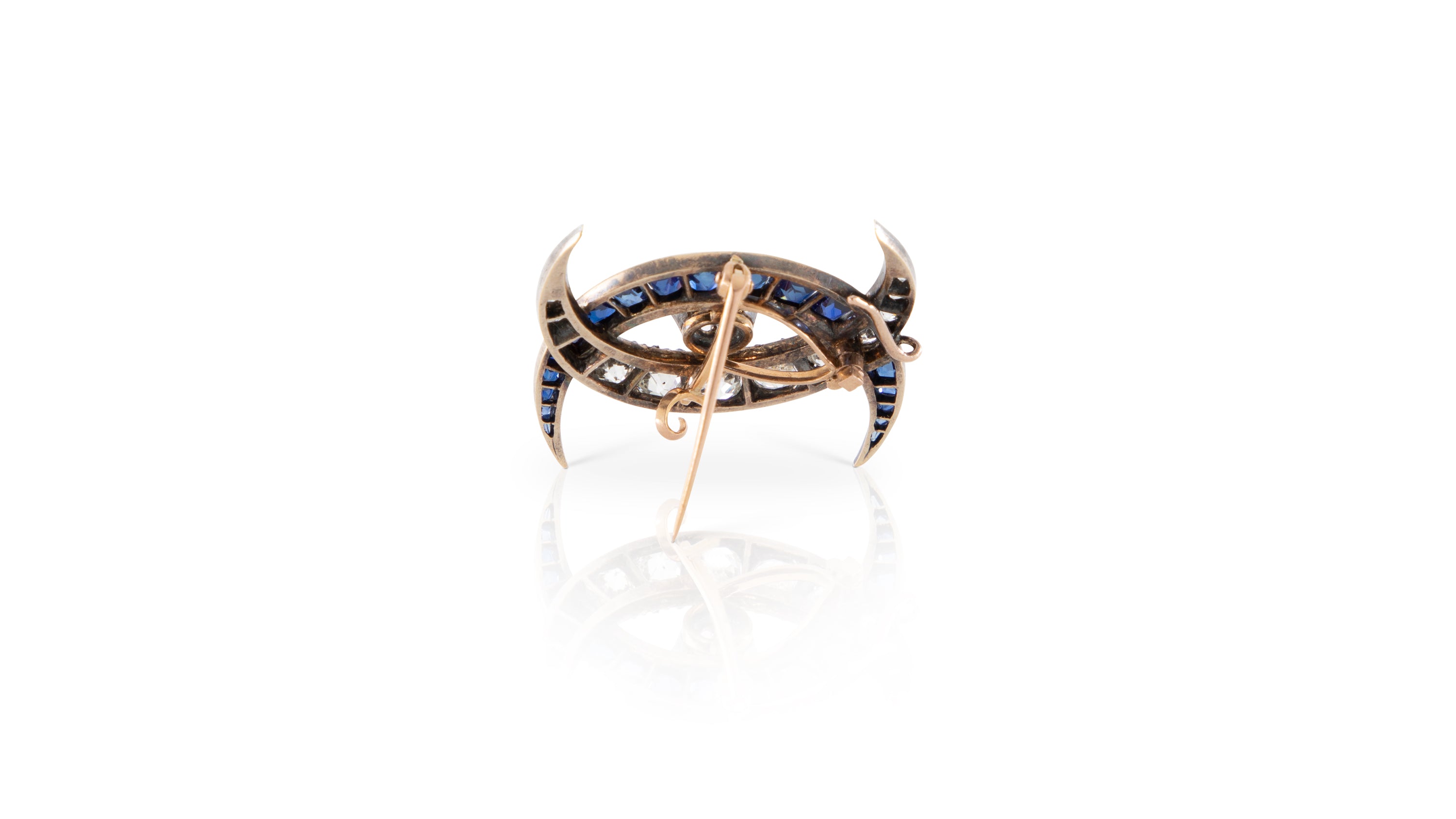 No Heat Sapphire & Diamond Interlocking Crescent Brooch