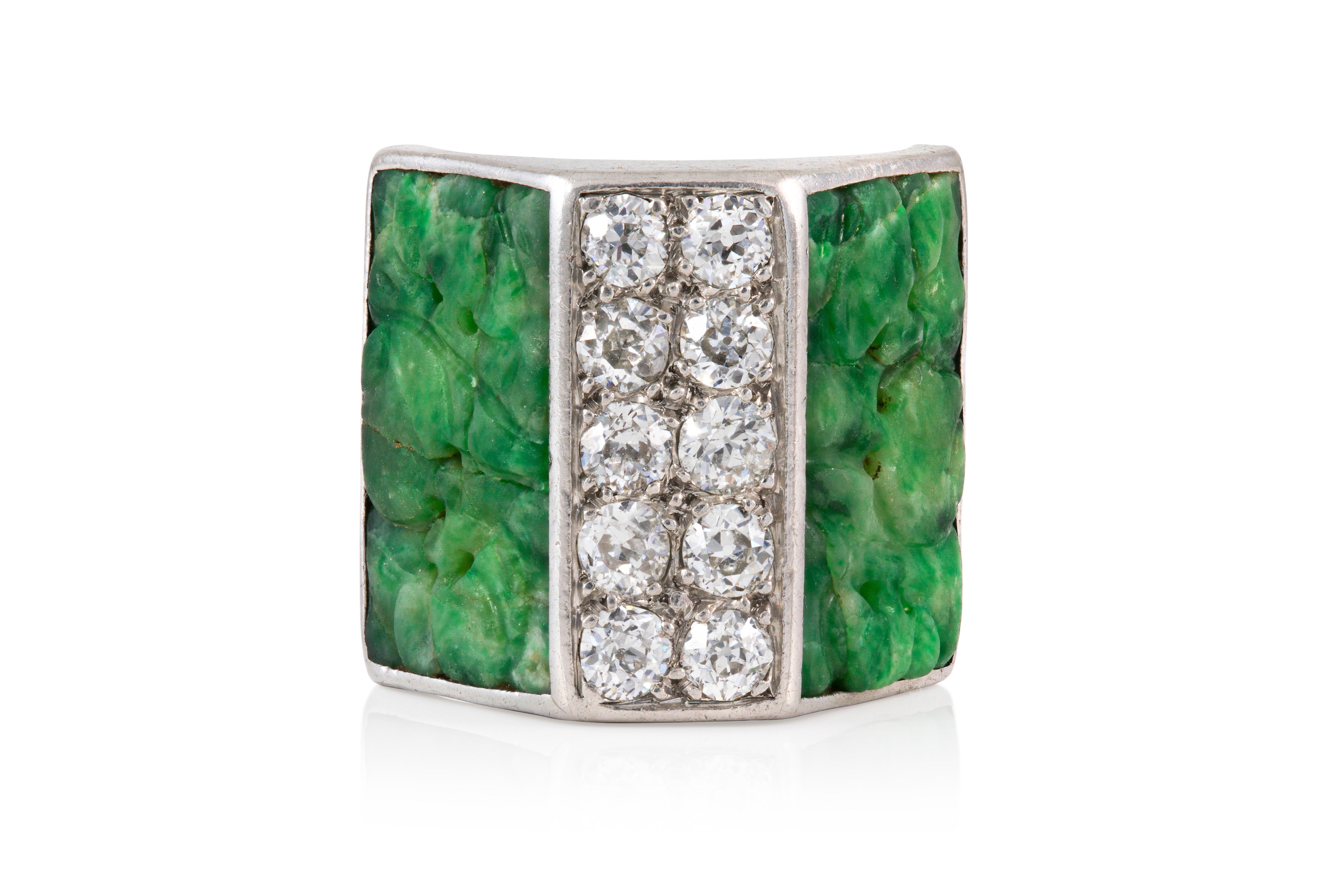 Art Deco Carved Jade Diamond Ring