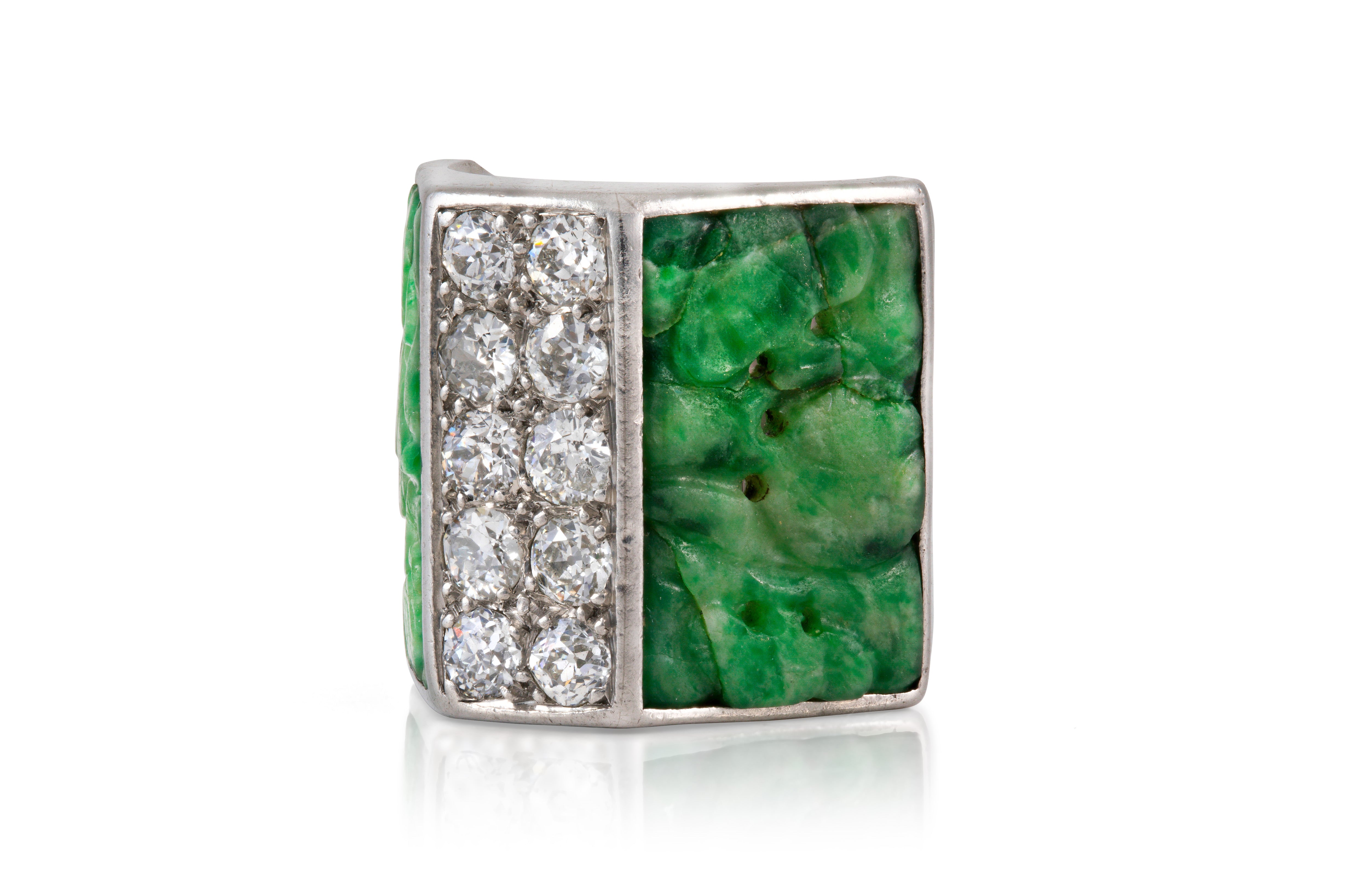 Art Deco Carved Jade Diamond Ring