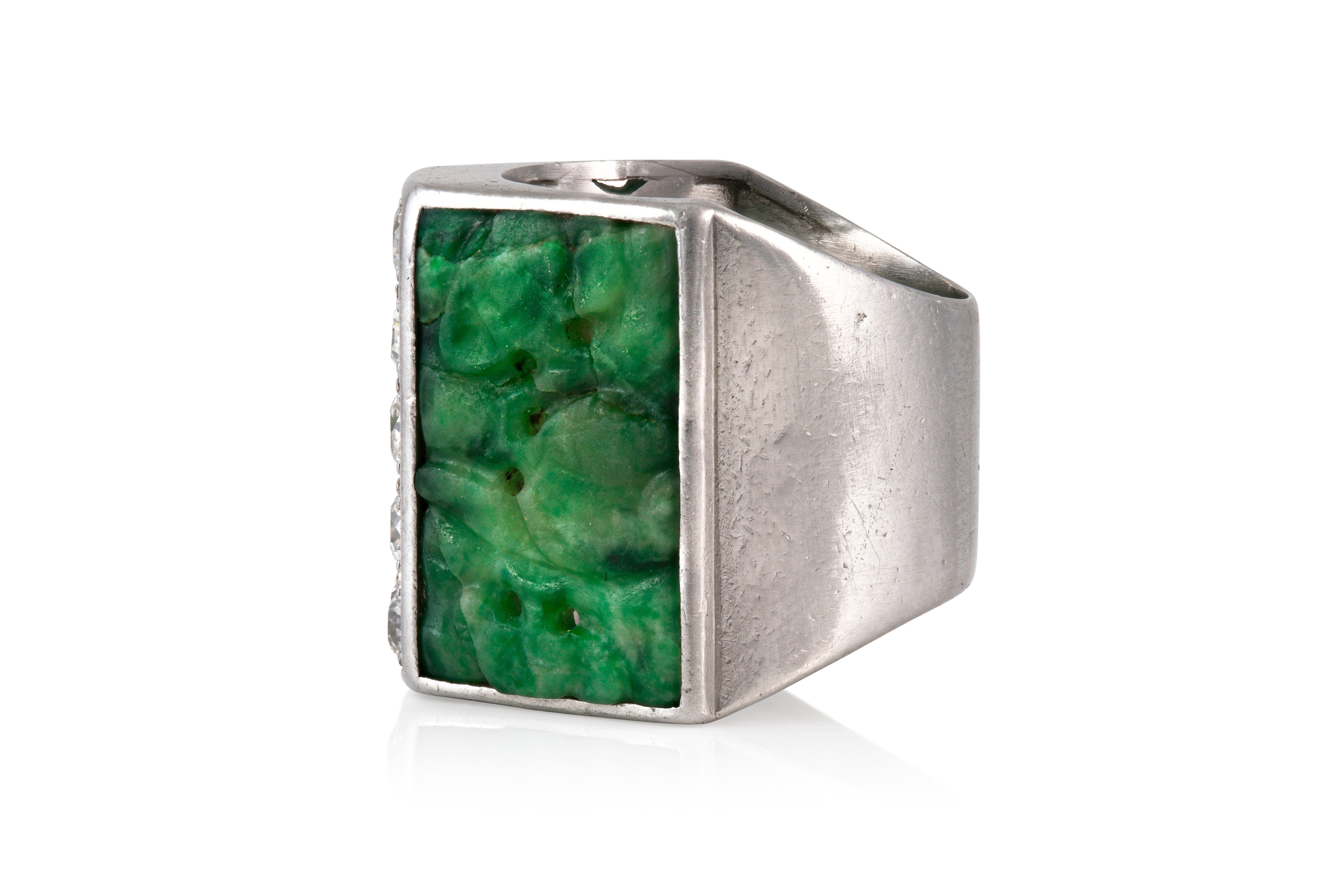 Art Deco Carved Jade Diamond Ring
